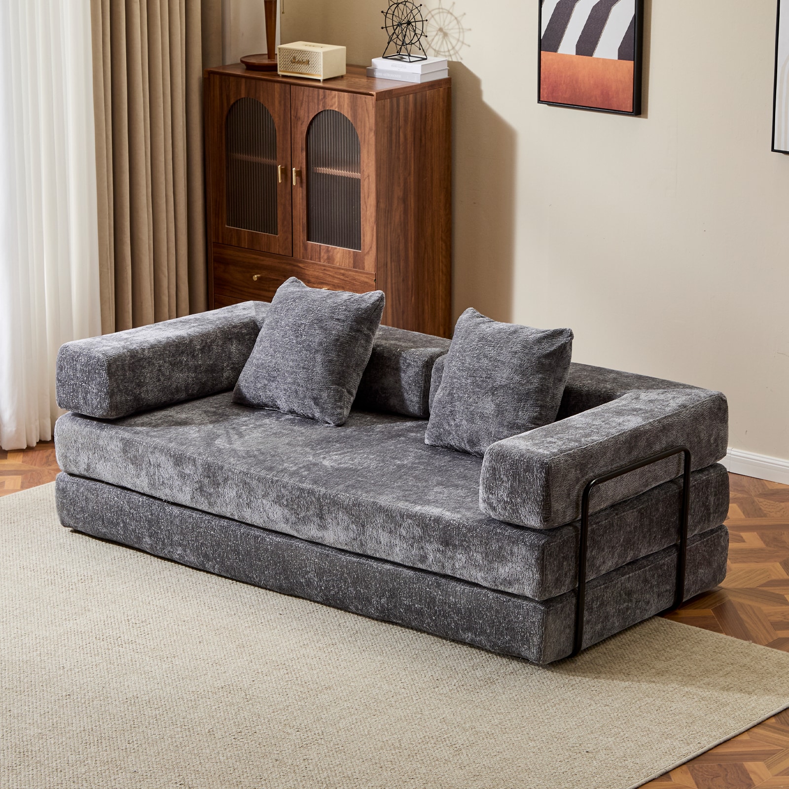 Floor Couch,Compression Sofa,Convertible Floor Sofa Bed-with Pillow Back Support Armrest,Comfy Futon Couch Lounge Sleeper Bed (DARK-GREY)_voghion.com